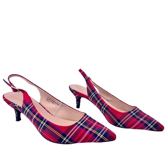 Isaac Mizrahi New York Tartan Red Plaid Slingback Kitten Heels Womens 8 Holiday - Picture 1 of 14